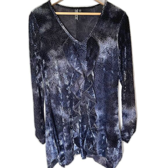 Sno Skins Tunic Top Womens Medium Velvet Burnout Ruffle Front V-Neck Blue Gray - Picture 1 of 7